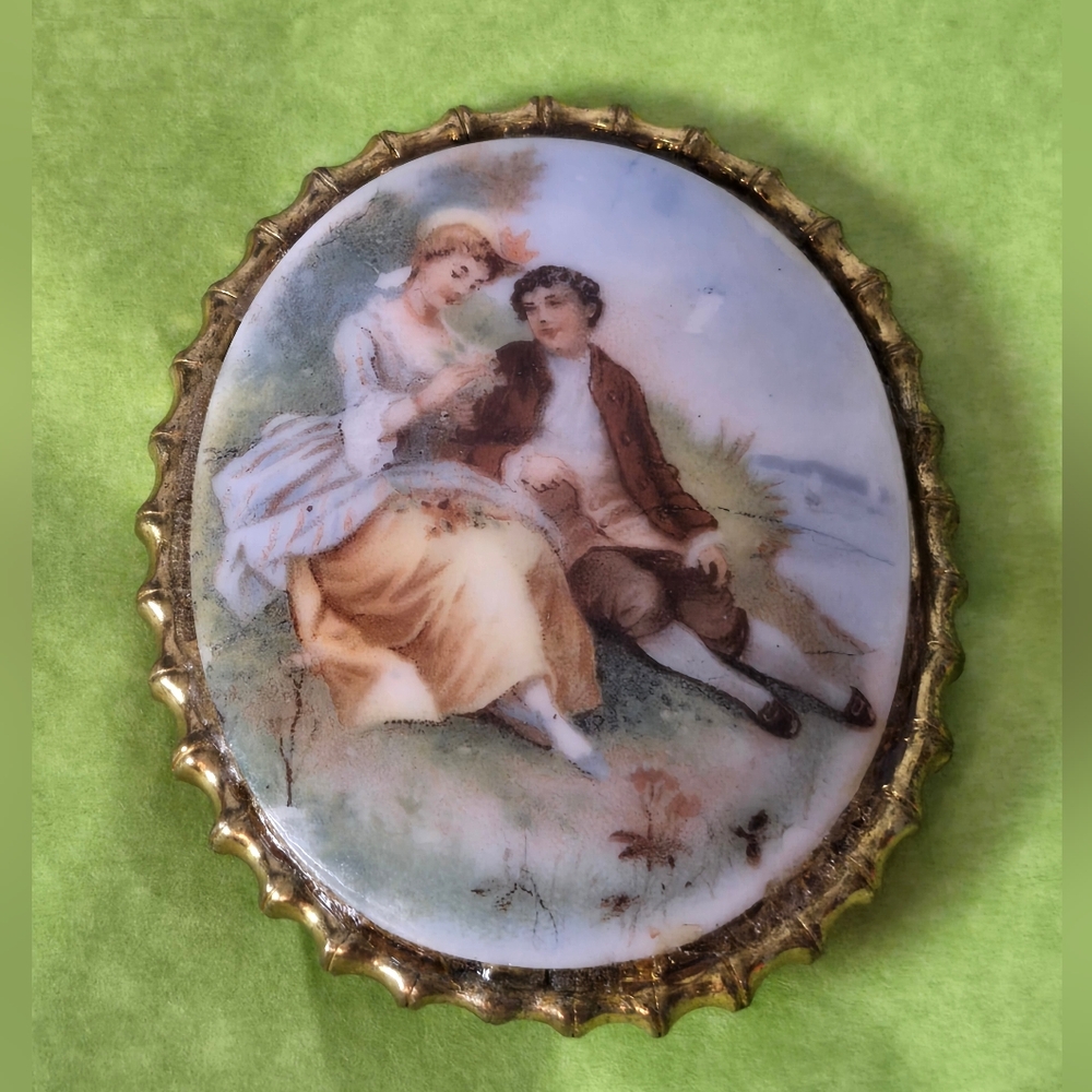 Vintage Cameo Porcelain Brooch Pin with Courting In Love Romantic Scene Couple
